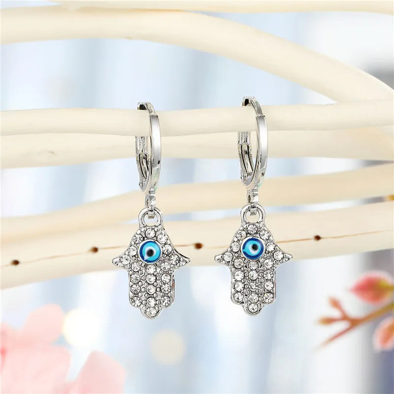 Rhinestone Fatima Hand & Evil Eye Earrings