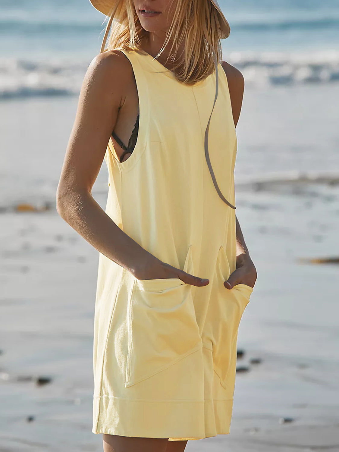 Round Neck Sleeveless Romper with Pockets