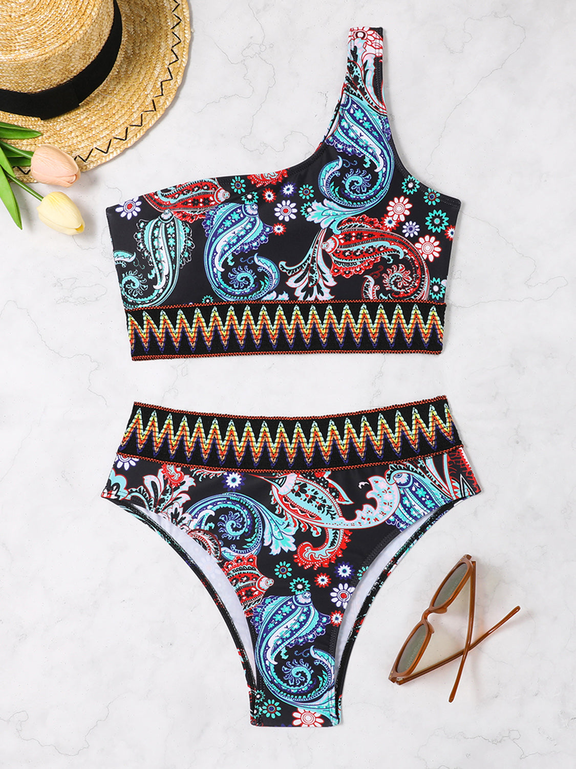 Printed One Shoulder Two-Piece Swim Set