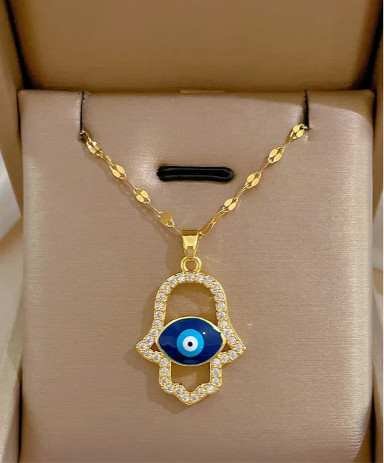 24 Styles Cubic Zircon Hamsa Evil Blue Eye Necklace Stainless Steel Turkish Eye Eyelash Necklace Greek Jewelry