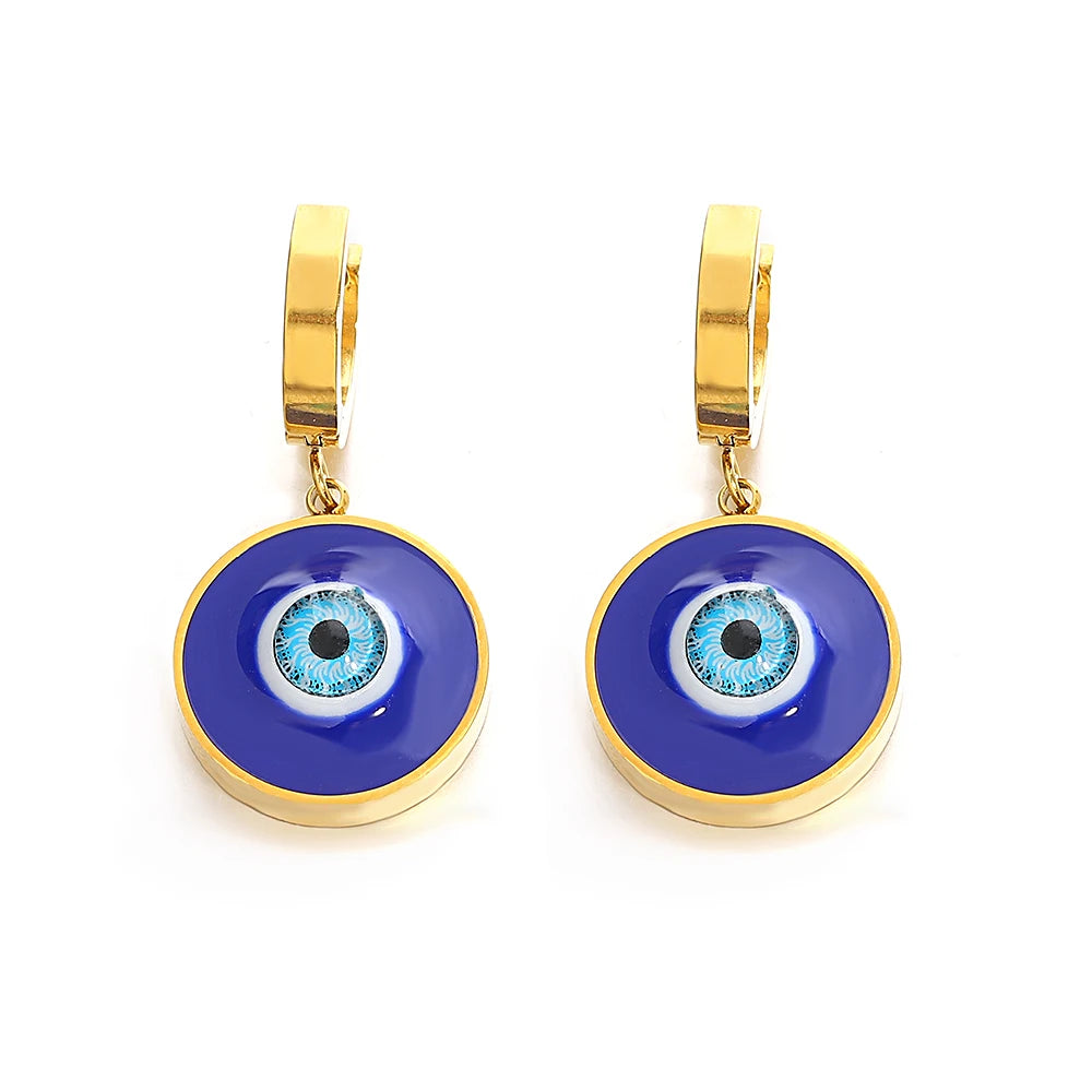 Evil Eyes Stainless Steel Enamel Dangle Hoop Earrings Women Blue Eyes Drop Earrings Fashion Jewelry Gift