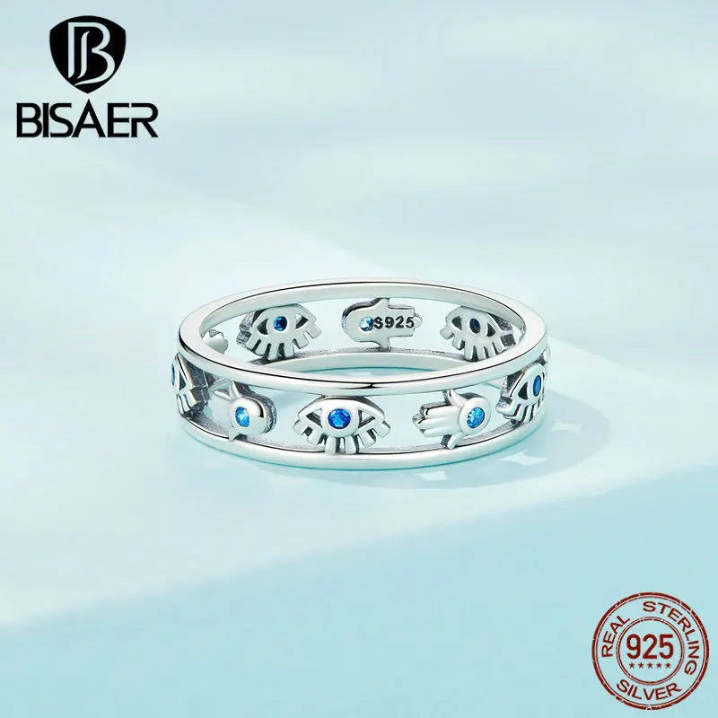 925 Sterling Silver Blue Evil Eyes & Hand Fatima Ring Hollow Symbol Lucky Band