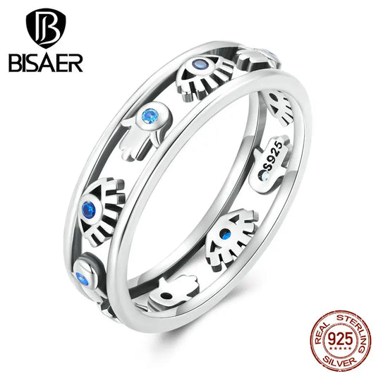 925 Sterling Silver Blue Evil Eyes & Hand Fatima Ring Hollow Symbol Lucky Band