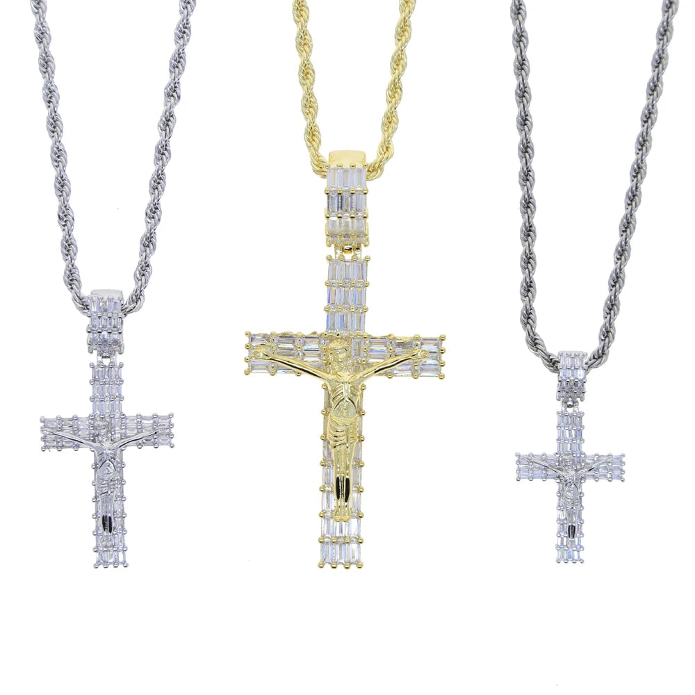 Iced Out Jesus Cross Pendant Necklace For Men Women With Rope Chain Bling Zircon