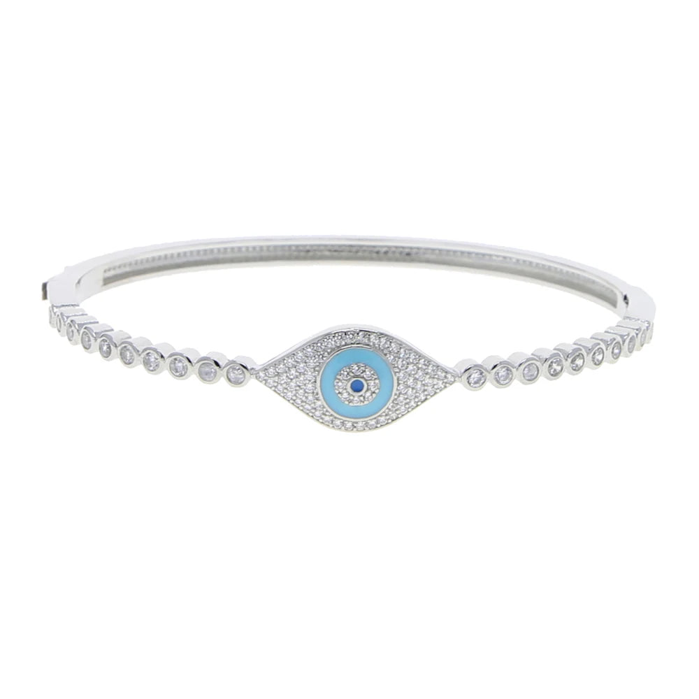 High Quality Lucky Turkish Round Evil Eye Charm Bangle 5A Cubic Zircon CZ Blue Stone