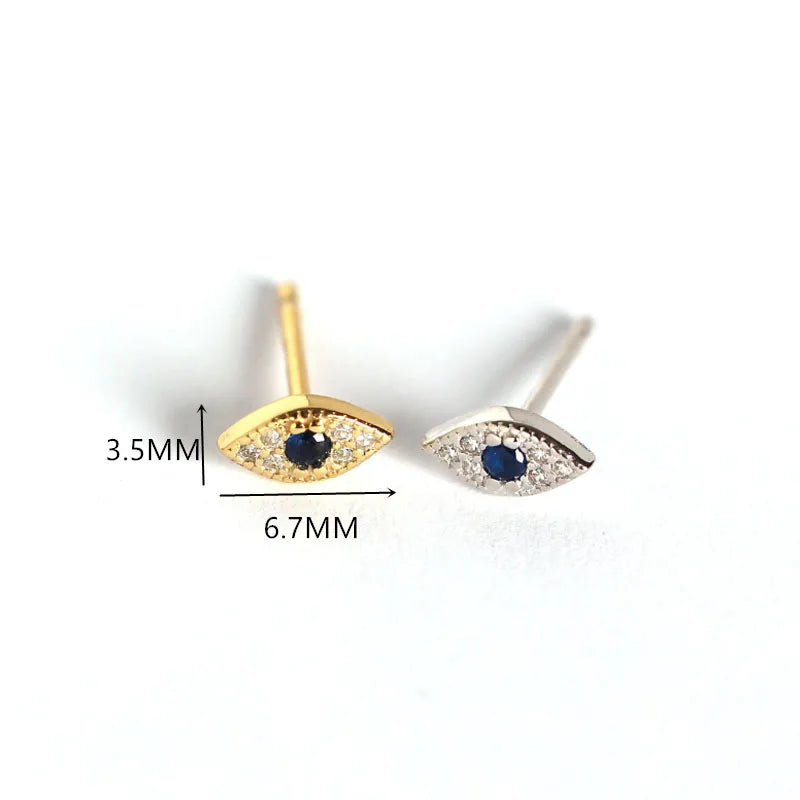 Genuine 100% Sterling Silver Pave Blue Zircon Evil Eyes Stud Earrings for Women Fashion