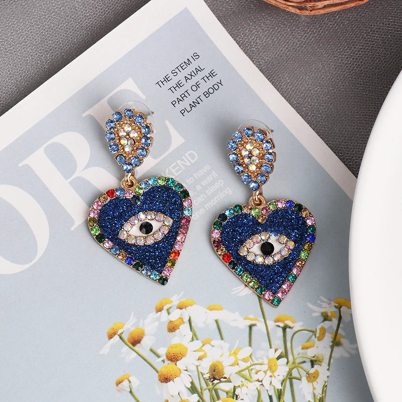 Love Heart Shape Evil Eye Drop Earrings For Women Vintage Statement Crystal Dangle Earring Jewelry Gift