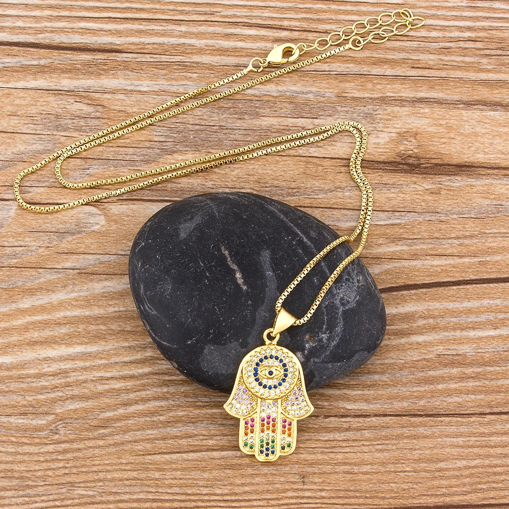 Women / Men Hamsa Hand Necklace Gold Color Copper Zircon Evil Eye Pendant & Chain Turkish Luck Jewelry