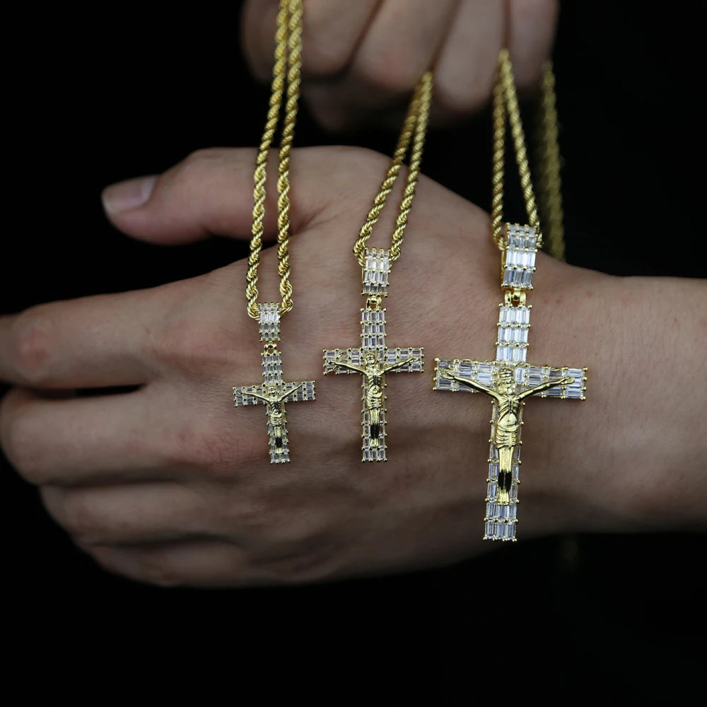 Iced Out Jesus Cross Pendant Necklace For Men Women With Rope Chain Bling Zircon