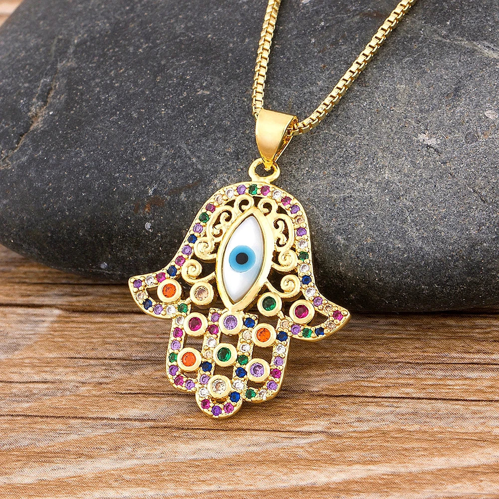 Women / Men Hamsa Hand Necklace Gold Color Copper Zircon Evil Eye Pendant & Chain Turkish Luck Jewelry