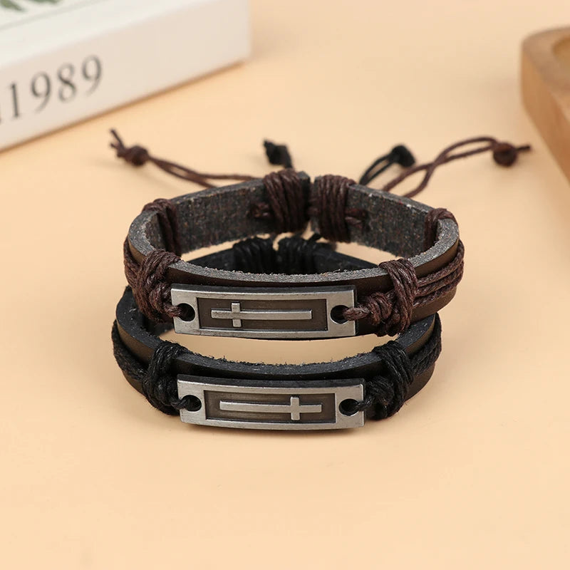 Jesus Christian Religious Brown Black Cross Leather Bracelet For Men Women Vintage Jewelry Bracelets