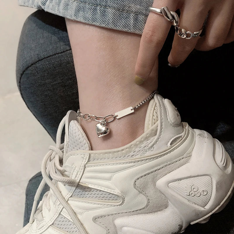 Anklet Bracelet for Women Vintage Silver LOVE Heart Pendant