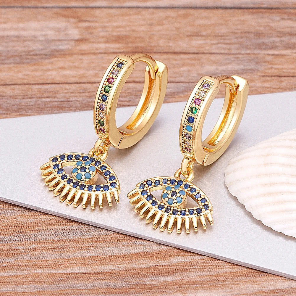 Bohemian Zircon Hollow Blue Hoop Earring Unique Gold Color Crystal Evil Eye, Celestial