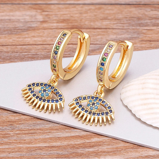 Bohemian Zircon Hollow Blue Hoop Earring Unique Gold Color Crystal Evil Eye, Celestial