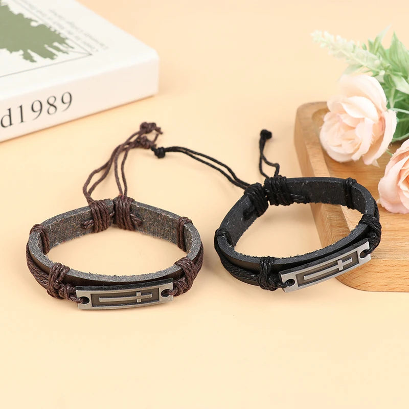 Jesus Christian Religious Brown Black Cross Leather Bracelet For Men Women Vintage Jewelry Bracelets