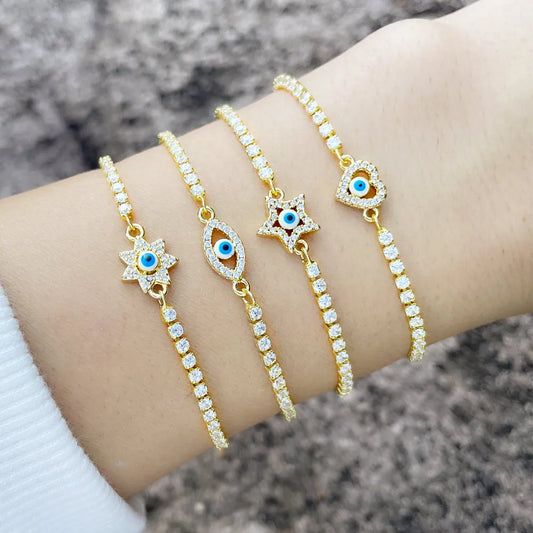 Copper Inlaid Zircon Heart & Star Tennis Bracelets For Women White CZ Enamel Blue Evil Eye Bangle  Gold-Plated Girl Jewelry Gift