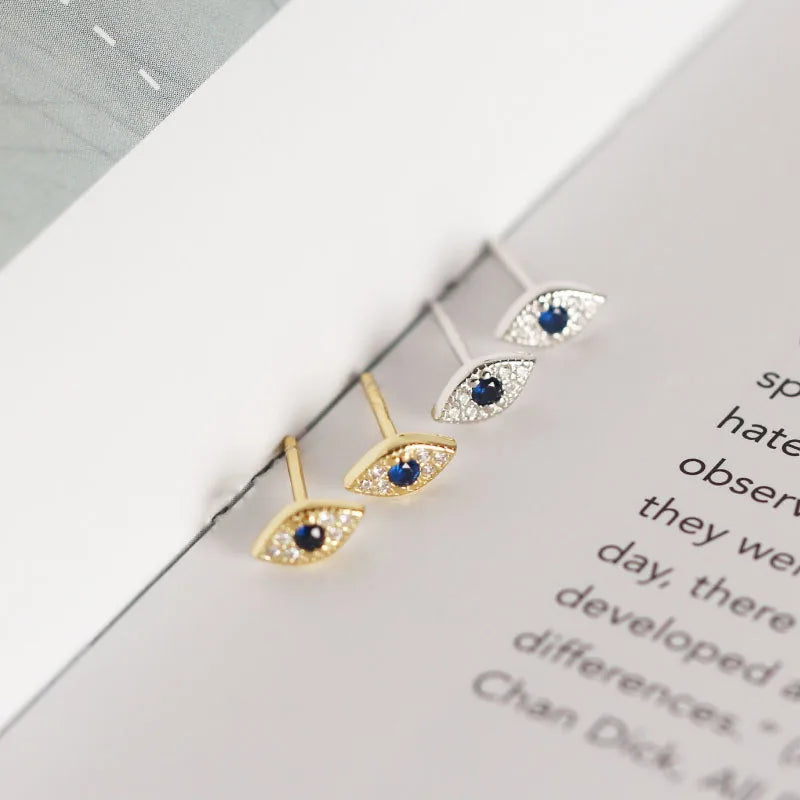 Genuine 100% Sterling Silver Pave Blue Zircon Evil Eyes Stud Earrings for Women Fashion