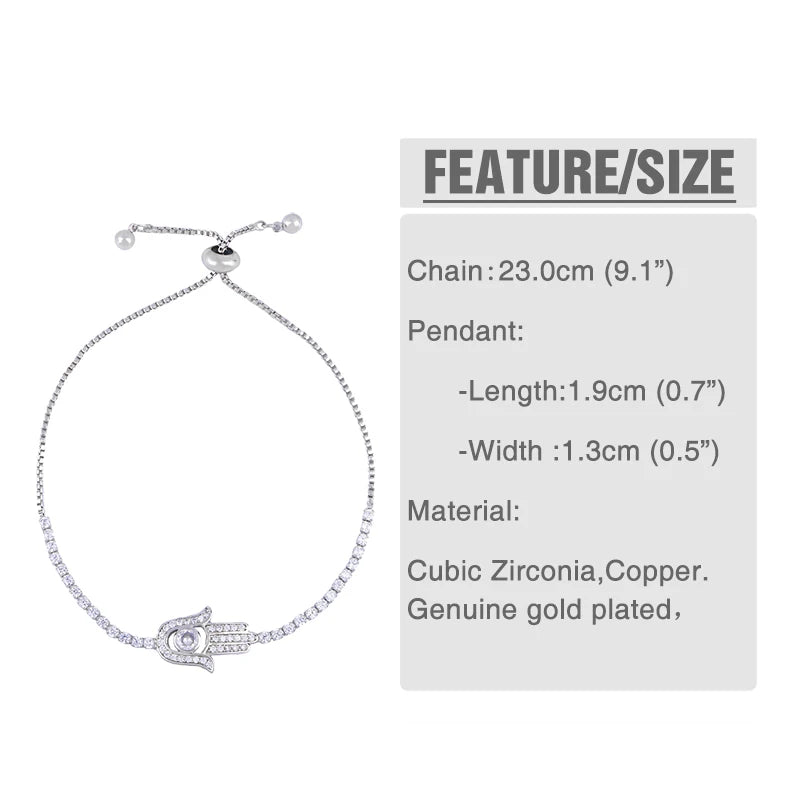 Silver Color Fatima Hand Hamsa Bracelets for Women Tennis Chain Crystal Evil Eye Bracelet Fashion Jewelry