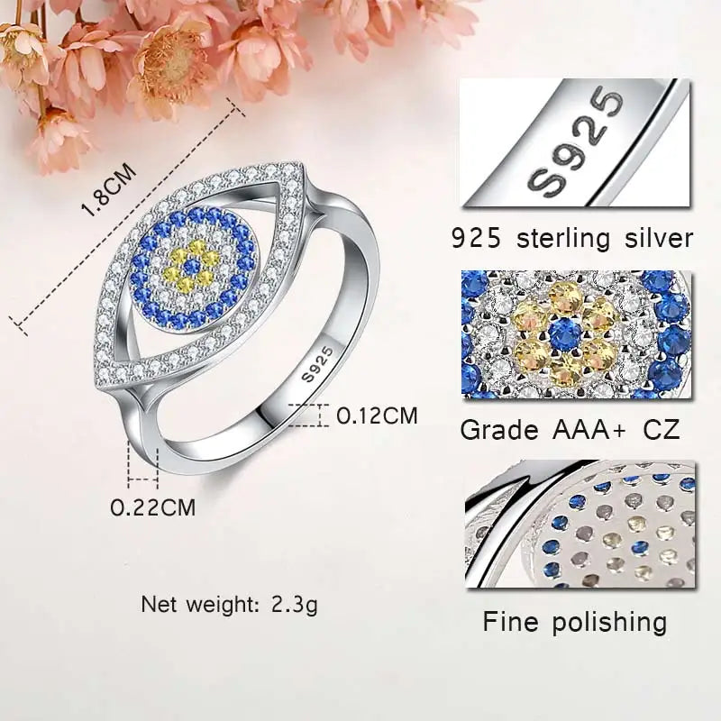 Blue Evil Eye Ring 925 Silver Sterling Rings For Women Lucky Big Turkish Eyes Charm CZ Stone