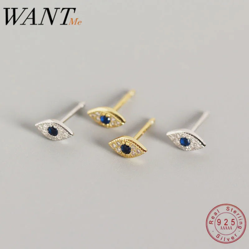 Genuine 100% Sterling Silver Pave Blue Zircon Evil Eyes Stud Earrings for Women Fashion