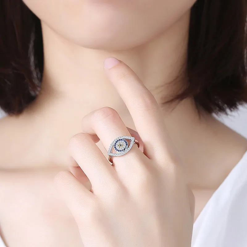 Blue Evil Eye Ring 925 Silver Sterling Rings For Women Lucky Big Turkish Eyes Charm CZ Stone