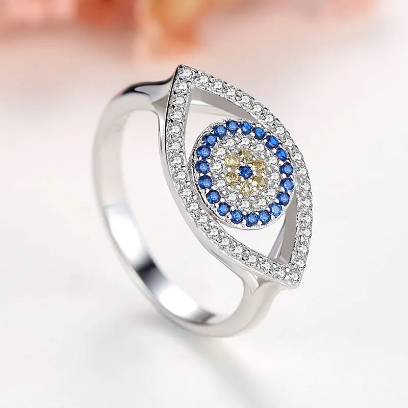 Blue Evil Eye Ring 925 Silver Sterling Rings For Women Lucky Big Turkish Eyes Charm CZ Stone