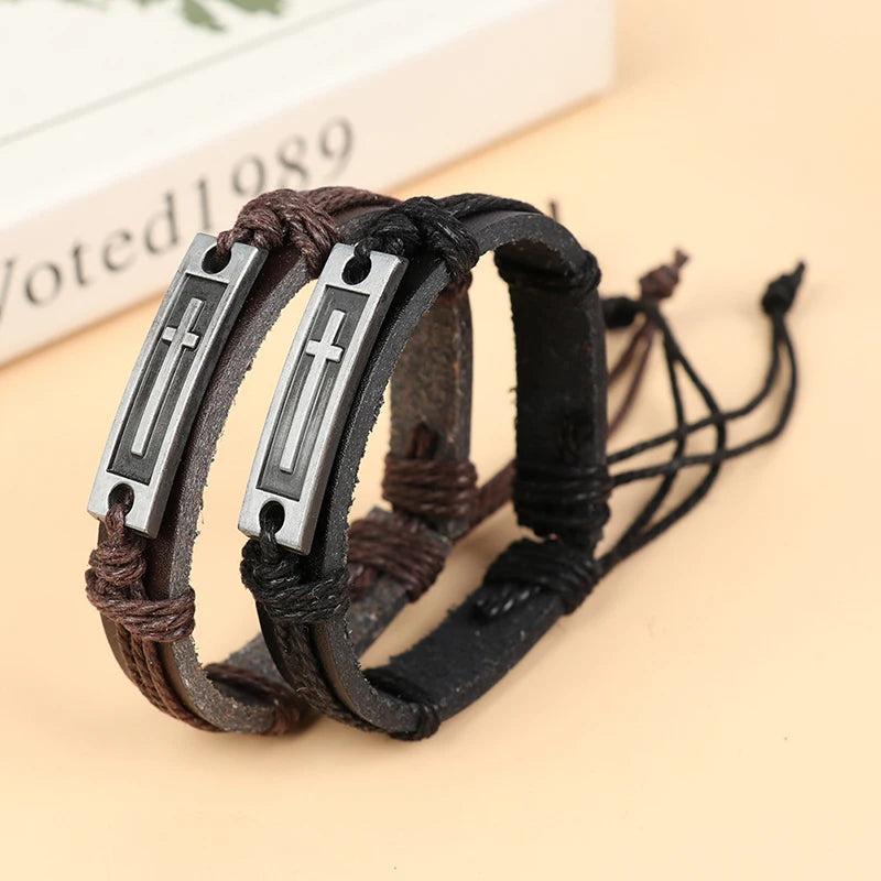 Jesus Christian Religious Brown Black Cross Leather Bracelet For Men Women Vintage Jewelry Bracelets