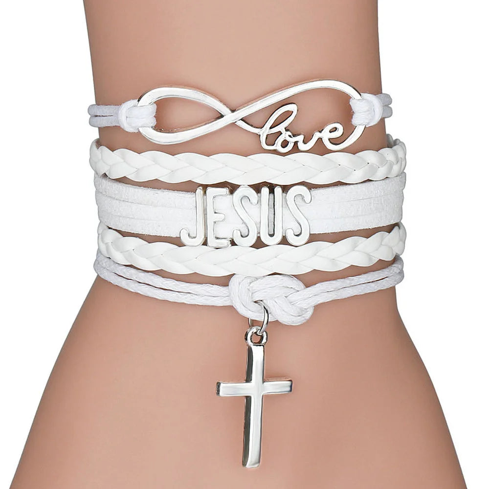 Multilayer Jesus Loves Letter Leather Bracelet Multilayer Wrap Cross Christian Leather Bracelets