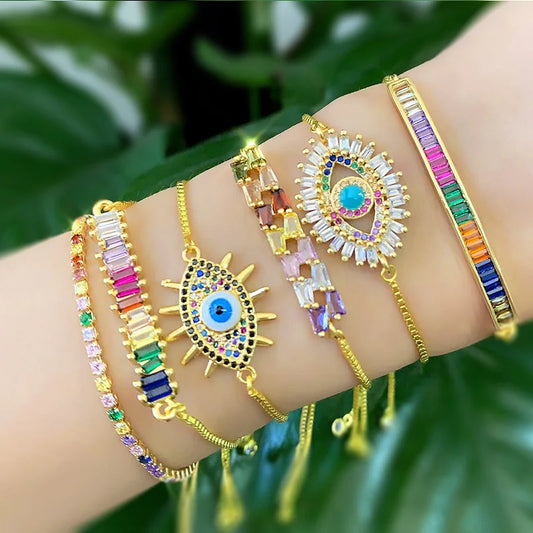 Evil Eye Chain Bracelet Colorful Cubic Zircon Gold Tennis Bracelet Set for Women Rainbow Jewelry