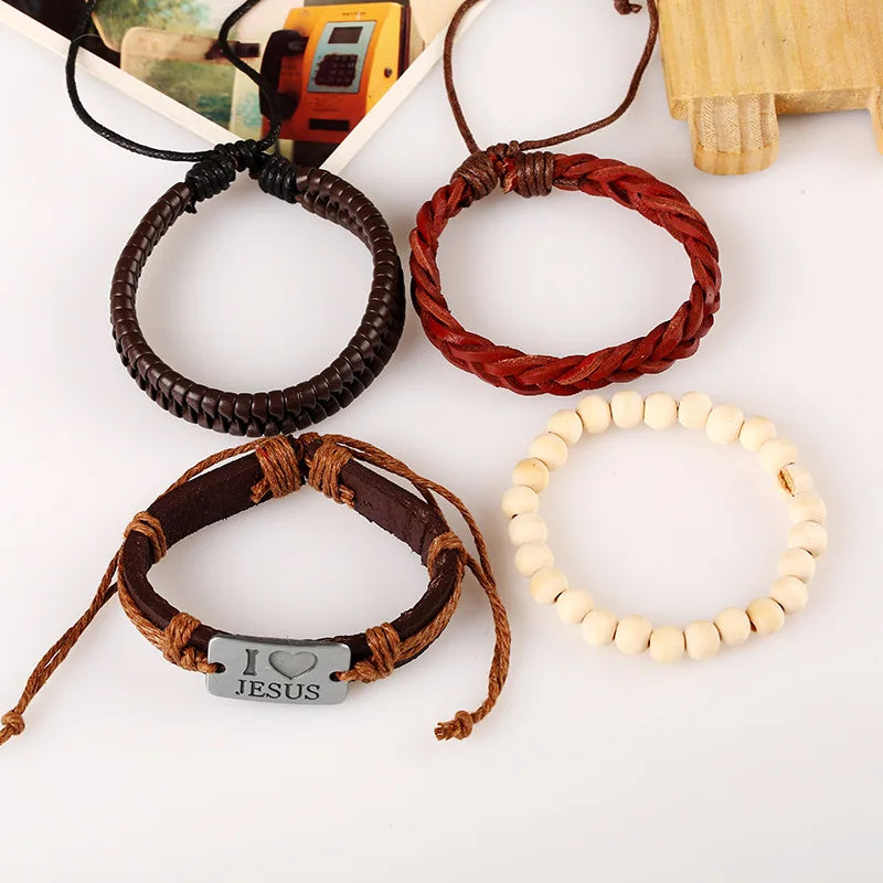 Wood Bead Chain Religious Bracelets Sets