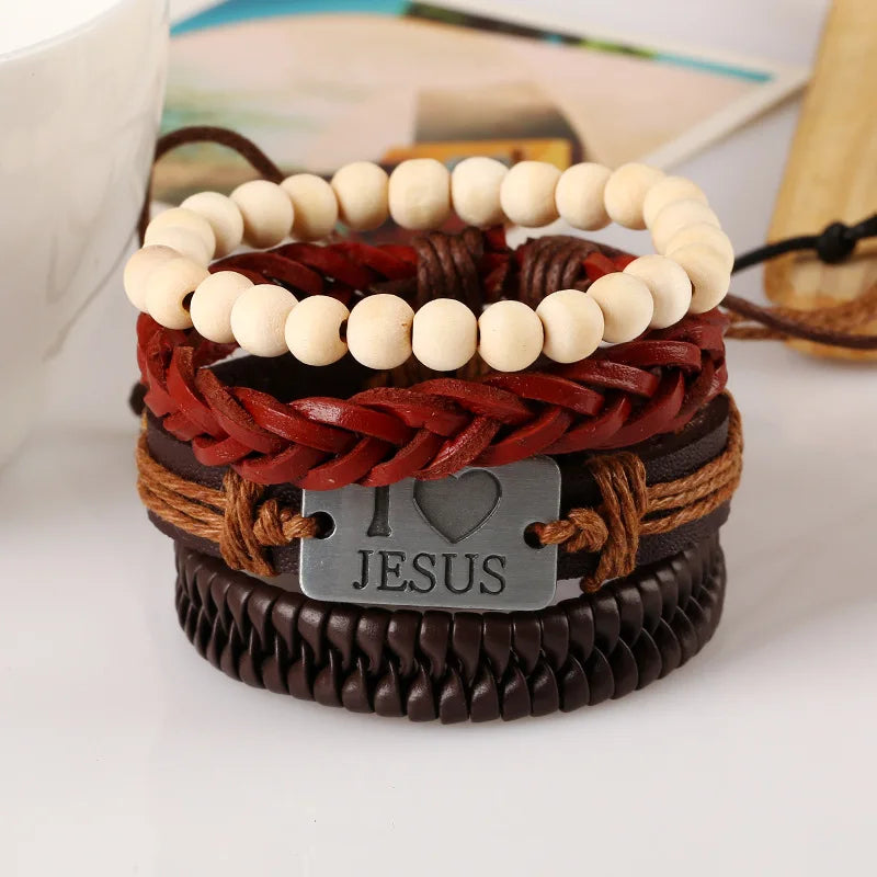 Wood Bead Chain Religious Bracelets Sets