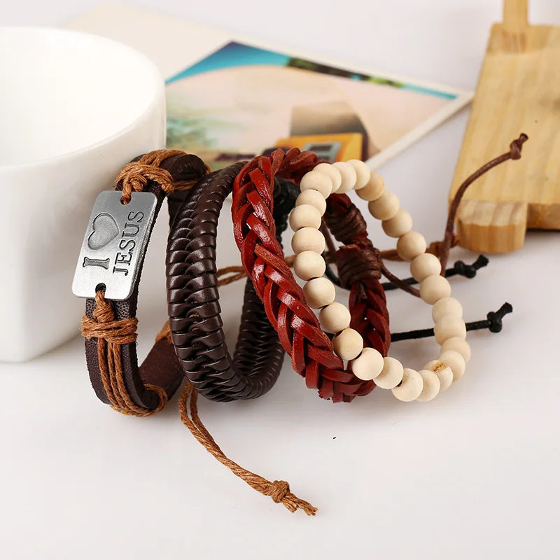 Wood Bead Chain Religious Bracelets Sets