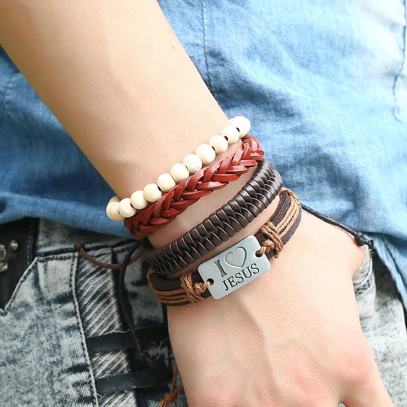 Wood Bead Chain Religious Bracelets Sets