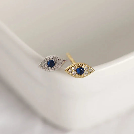 Genuine 100% Sterling Silver Pave Blue Zircon Evil Eyes Stud Earrings for Women Fashion