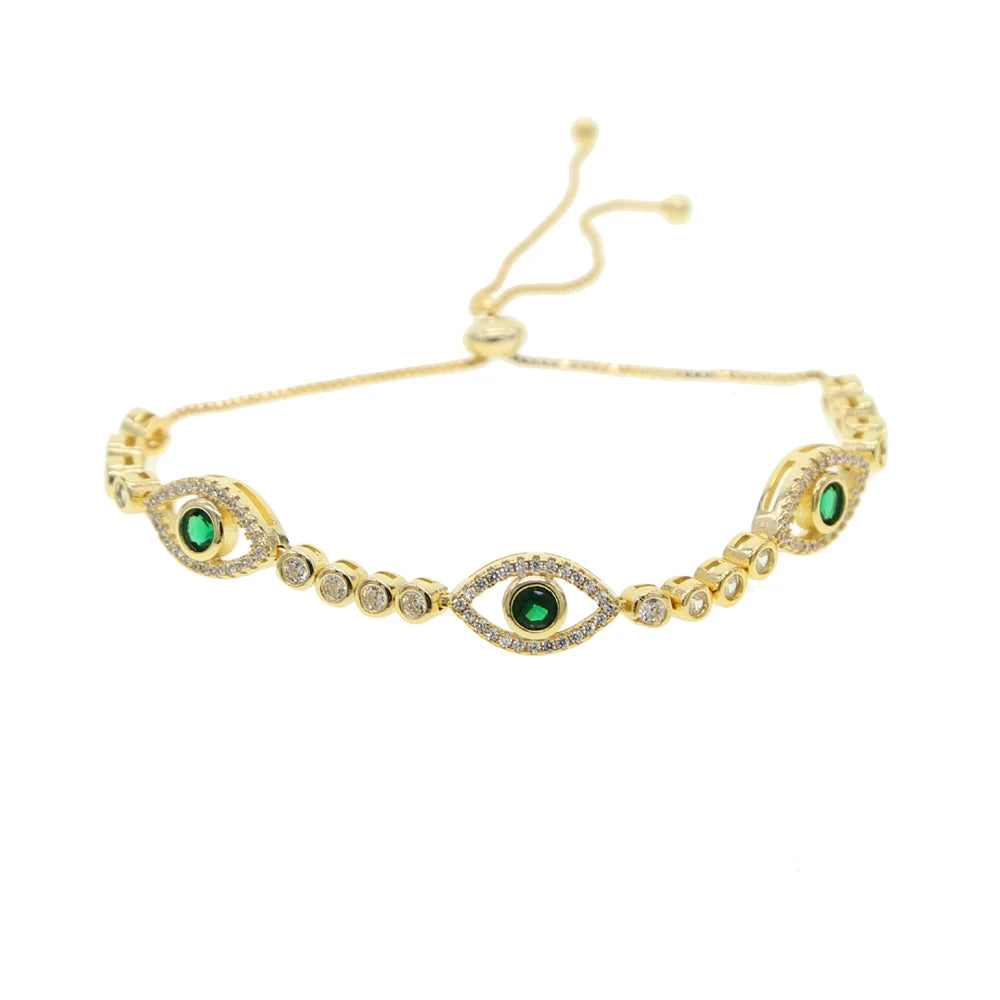 Gold filled evil eye bracelet 3mm bezel tennis chain slider box chain adjusted