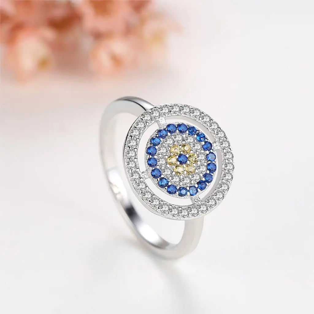 925 Sterling Silver Elegant CZ Crystal Evil Eye Ring