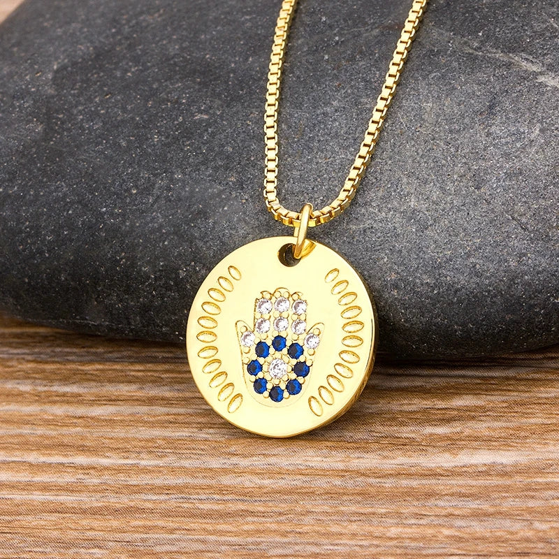 Women / Men Hamsa Hand Necklace Gold Color Copper Zircon Evil Eye Pendant & Chain Turkish Luck Jewelry