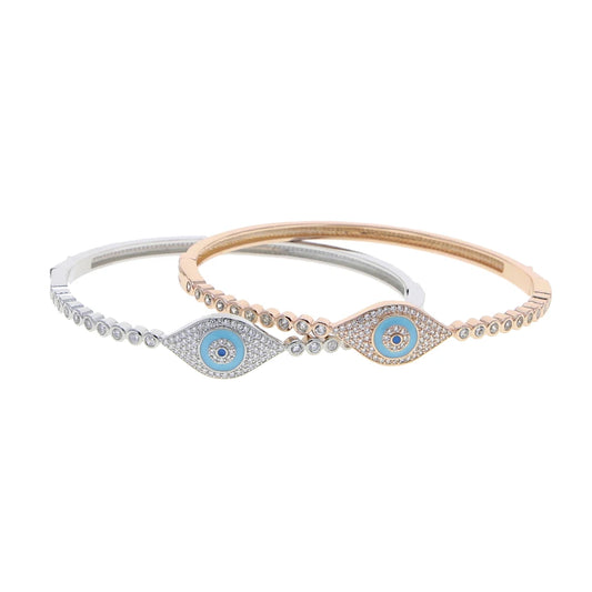 High Quality Lucky Turkish Round Evil Eye Charm Bangle 5A Cubic Zircon CZ Blue Stone