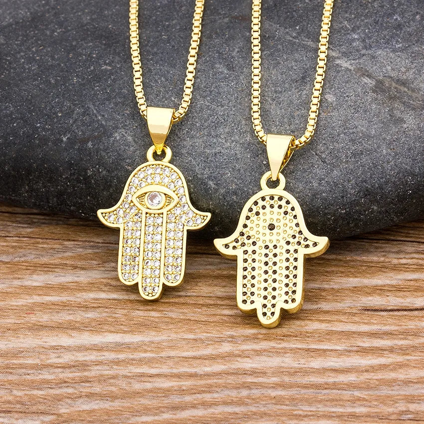 Women / Men Hamsa Hand Necklace Gold Color Copper Zircon Evil Eye Pendant & Chain Turkish Luck Jewelry