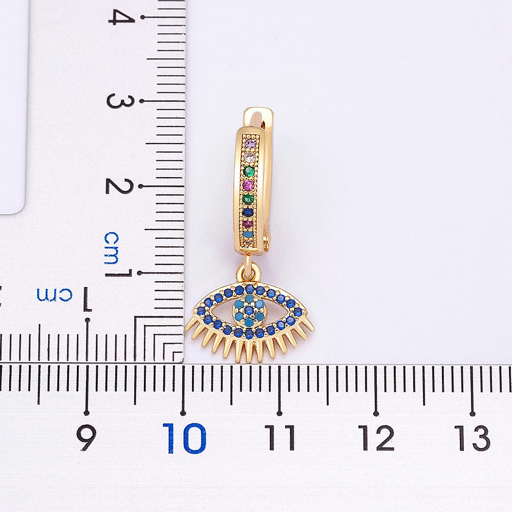 Bohemian Zircon Hollow Blue Hoop Earring Unique Gold Color Crystal Evil Eye, Celestial