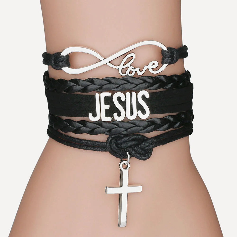 Multilayer Jesus Loves Letter Leather Bracelet Multilayer Wrap Cross Christian Leather Bracelets