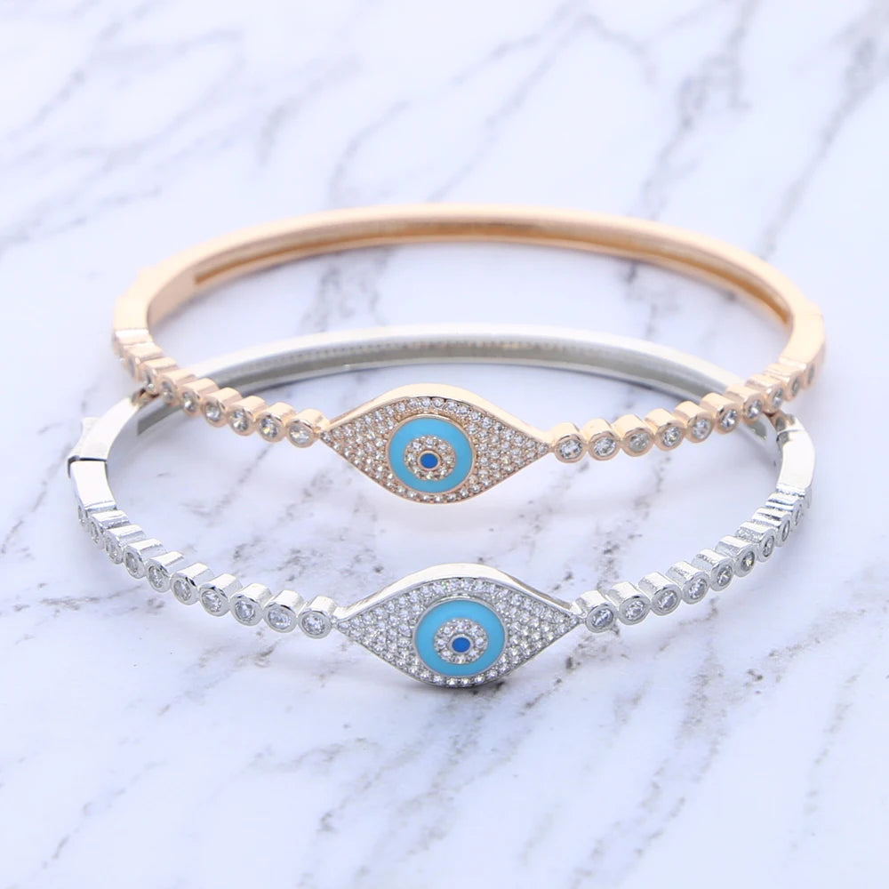 High Quality Lucky Turkish Round Evil Eye Charm Bangle 5A Cubic Zircon CZ Blue Stone