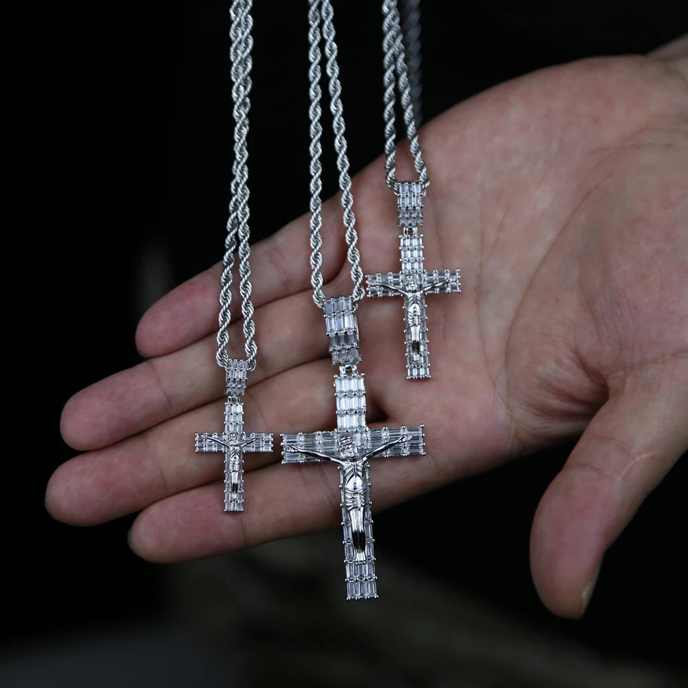 Iced Out Jesus Cross Pendant Necklace For Men Women With Rope Chain Bling Zircon