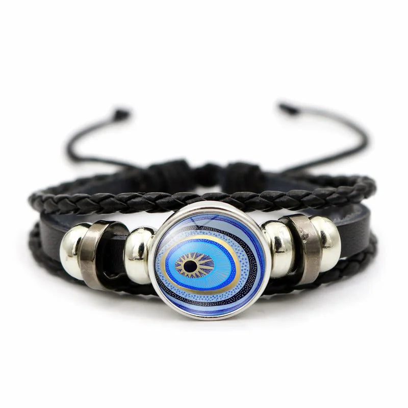 Evil Eye Leather Bracelet Hand Woven Blue Eye Multilayer