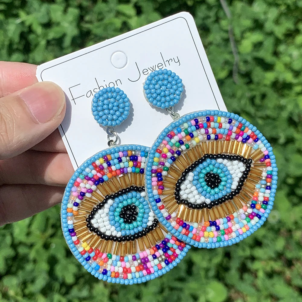 Vintage Beaded Evil Eye Statement Drop Dangling Earrings for Women Girls Bohemian Colorful Rice Beads