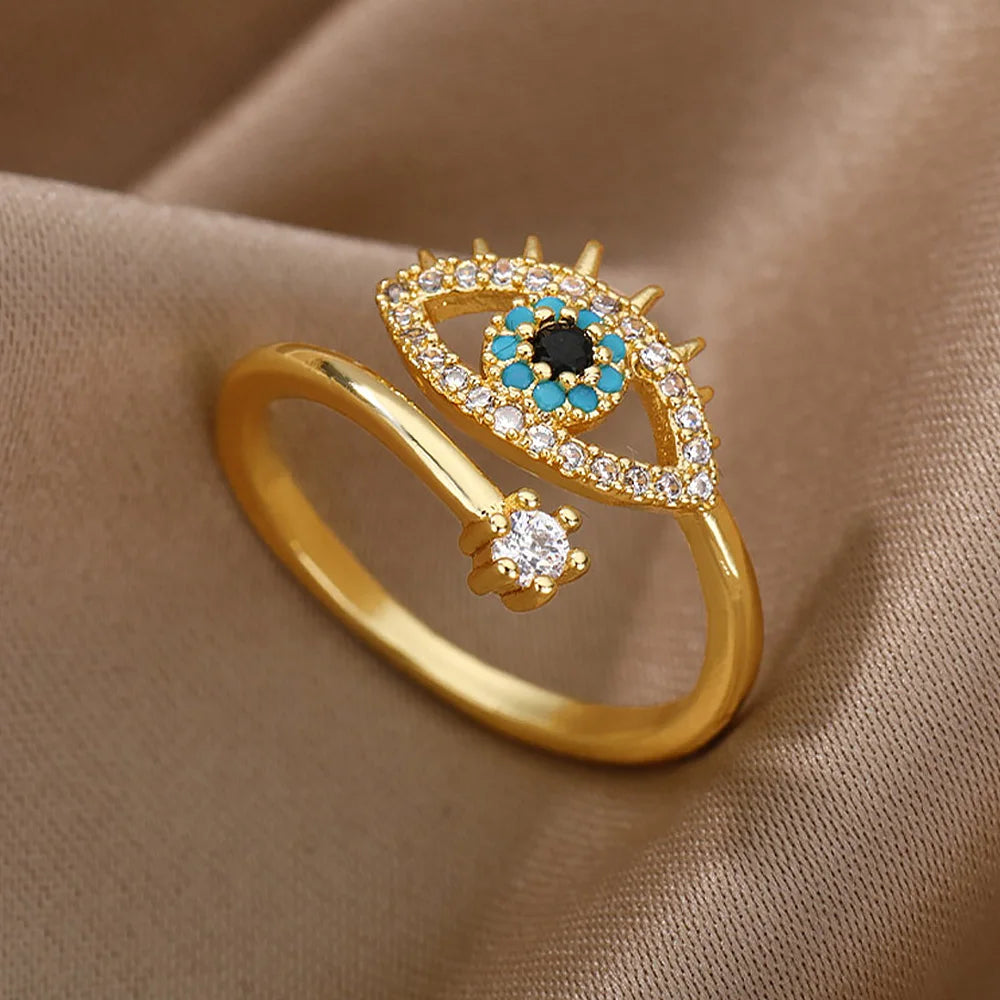 Cubic Zircon Turkey Evil Eye Ring 18k Gold Color Plated Adjustable Open