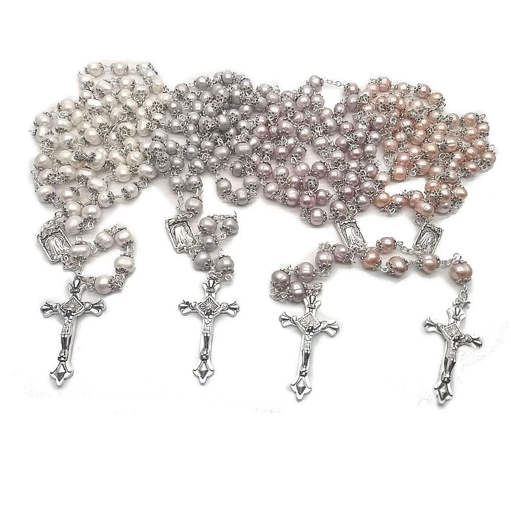 Vintage Pearl Bead Chain Christian Catholic Rosary Cross Rosary Pendant Necklace for Women Men Charm Religious Jewelry Gifts