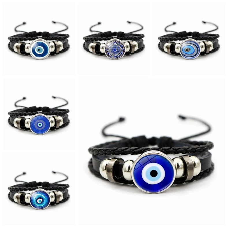 Evil Eye Leather Bracelet Hand Woven Blue Eye Multilayer