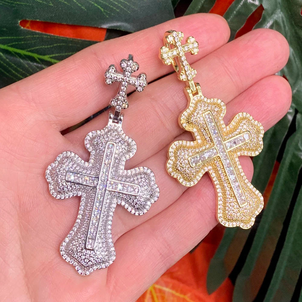 Iced Out Bling Cubic Zircon CZ Double Cross Shape Classic Pendant Necklaces