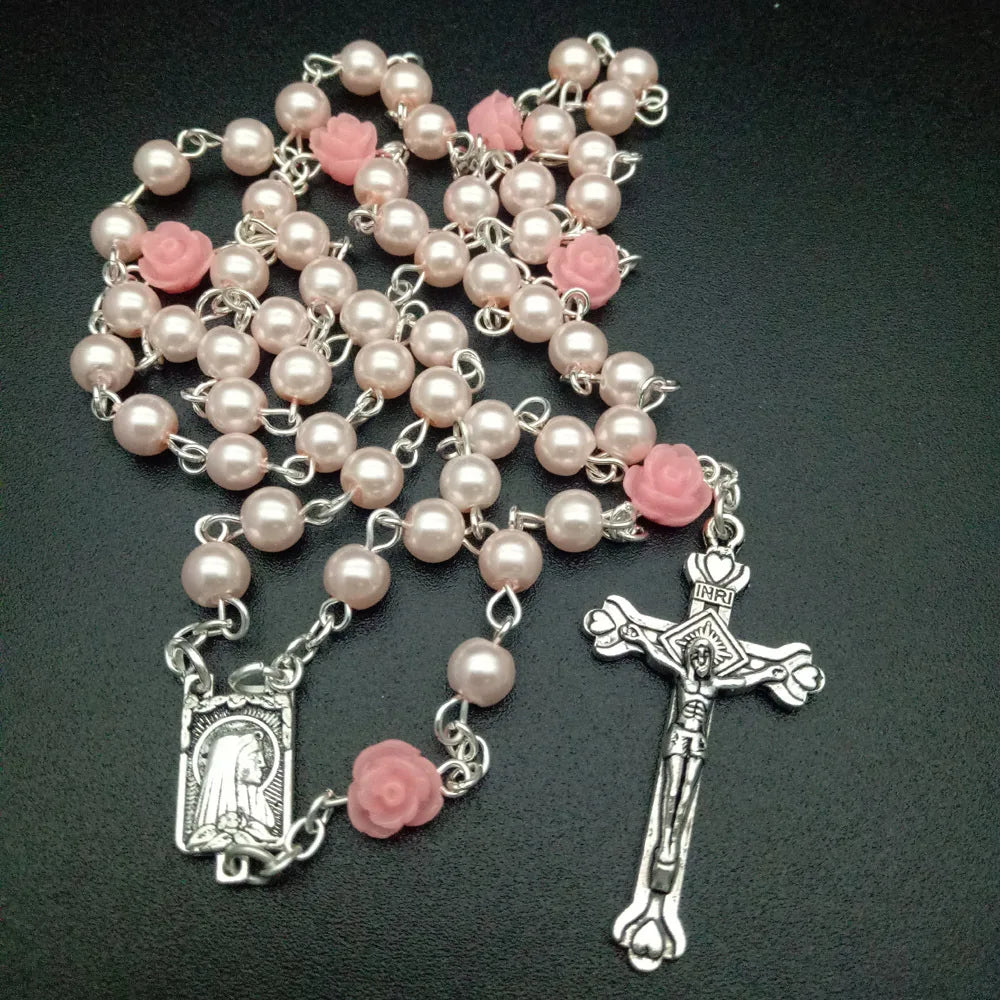 6 Colors Resin Rose Glass Pearl Fashion Rosary Long Pendant Necklace Religious Faith Maria Jesus Cross